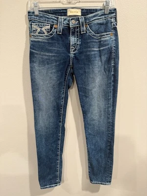 Pantalones de mezclilla ajustados Big Star para mujer talla 26 azul desgastados tiro bajo bordados Foto 1 de 4