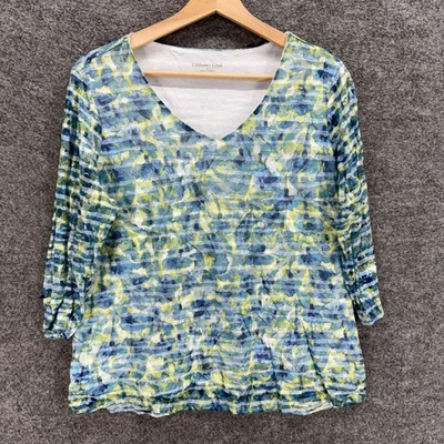 Coldwater Creek T 恤女式 XL 蓝色条纹 V 领 3/4 袖内衬棉质 — 第 1/4 张图片