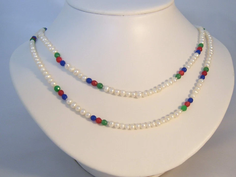 ♥ Dream-Pearls Perlenhalskette Rubin Smaragd Saphir weiß rot blau grün 100cm ♥89 - Bild 1 von 1