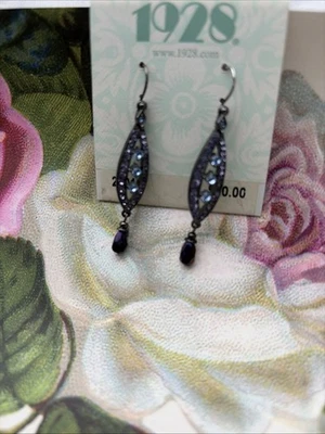 全新带标签 1928 年古董深蓝色水钻吊坠耳环 30 美元零售 — 第 1/3 张图片