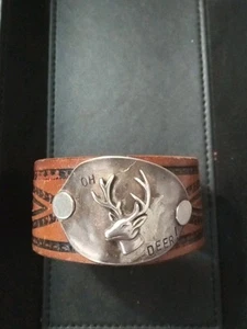Custom Deer Hunting Leather Cuff Bracelet w Stamped Metal Snap-Closure "Oh Deer" - Picture 1 of 4