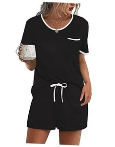 Pajama Set for Women 2 Piece Lounge Set Short Sleeve Tops and Large Black - Picture 1 of 6
