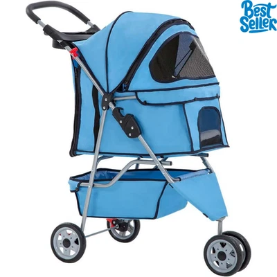 BestPet 3 Wheel Folding Pet Stroller Cup Holder Cat Dog Carrier Blue New - Image 1 of 4