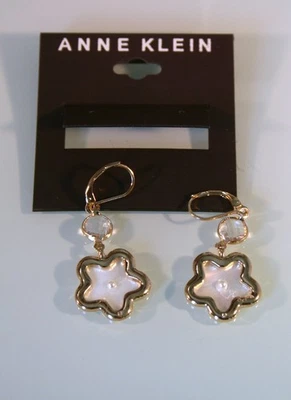 Anne Klein gold tone MOP & Faux pearl flower dangle earrings 1 3/4" - Image 1 of 2