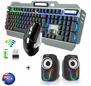 2.4G Wireless Gaming Keyboard Mouse and PC Speaker set LED Mix Backlit Computer - Picture 1 of 17