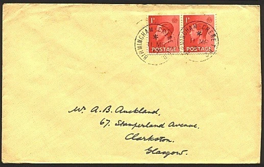 GB 1937 cover  BIRMINGHAM - CREWE  TPO railway cancel......................99419 - Image 1 of 1