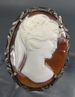 19c.Victorian Cameo Shell Portrait Lady Scarf Lapel Pendant Brooch Pin Marcasite