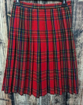 Tartan Red Plaid Pleated Midi Skirt Womans 10 Petite Wool Preppy Holiday Office - Image 1 of 4