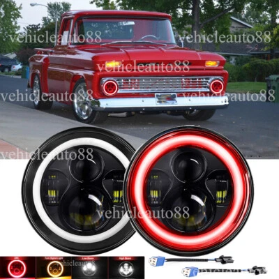 Pair 7" inch Round LED Headlights Red Halo Sealed Beam fit Chevy C10 1962-1980 - Image 1 of 4