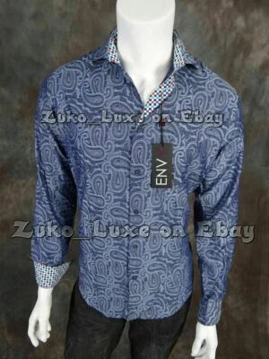 男式 ENVY COUTURE 衬衫蓝色佩斯利提花带格子装饰纽扣正面 — 第 1/4 张图片