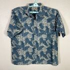 LL Bean Shirt Mens Large Blue Camp Button Up Hawaiian Floral Leaves Casual