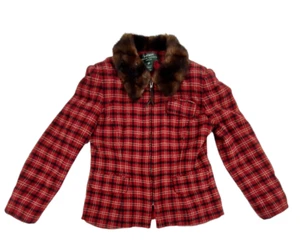 Vtg Y2K Lauren Ralph Lauren Sz 10P Red Plaid Wool Zip Jacket Fur Collar Blazer - Picture 1 of 9