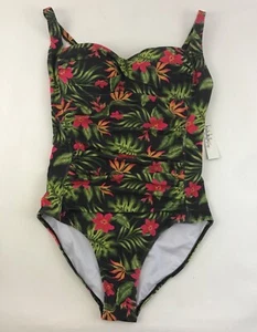Nicole Miller Pin Up Swimsuit Size L Tropical Red Floral Ruching One Piece NEW - Picture 1 of 10