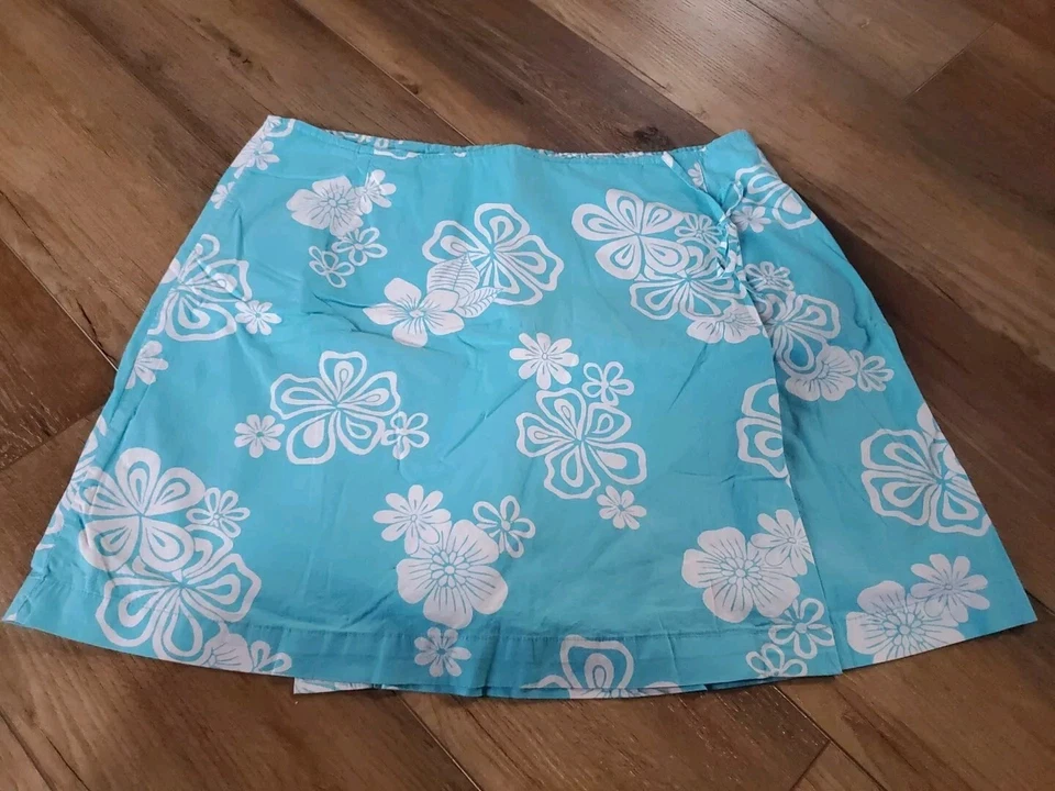 Falda corta de hibisco floral azul elástico ciervo blanco talla 16 Foto 1 de 4