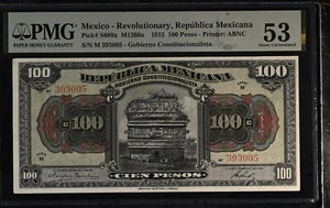 MEXICO REPUBLICA MEXICANA 100 PESOS 1915 ps689a M1260a PMG 53 ABOUT UNC - Picture 1 of 2