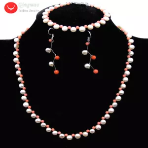 5-6mm Round Side Drilled Natural Pink Pearl Coral Necklace Set Jewelry for Women - Picture 1 of 9