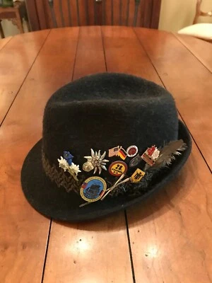 Dark Brown German Wool Felt Fedora with Various German Decorative Pins - Image 1 of 4