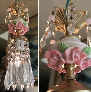 chandelier pendant lamp Brass Swag crystal vintage Porcelain PINK Rose opaline - Picture 1 of 12
