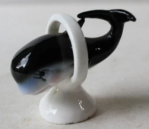 Whale Figurine Swimming Through Hoop Miniature Bone China Hand Painted Figure -- - Picture 1 of 1