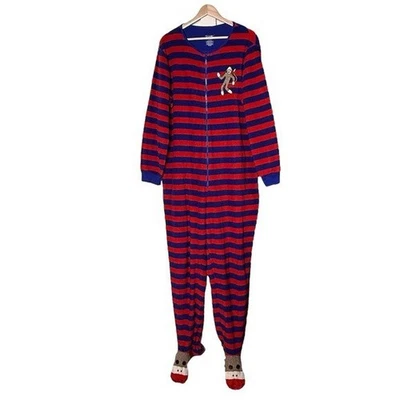 Macacão Nick & Nora listrado pé de macaco meia peça única PJ tamanho XXL vermelho azul zíper - Imagem 1 de 4