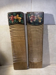 Set Of 2 Vintage Decorated Chinese Wooden Wash Board, Scrub Board 21.5x5.25x1" - Picture 1 of 7