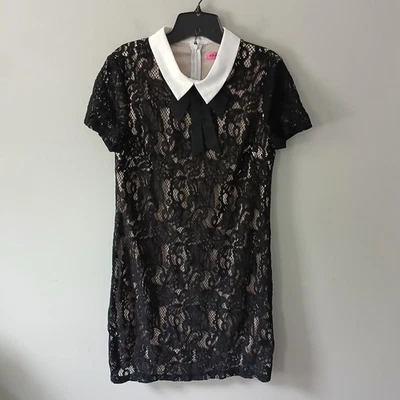 Betsey Johnson Size 12 Lace Shift Dress Collared Bow Tie Mini Black Short Sleeve - Image 1 of 4