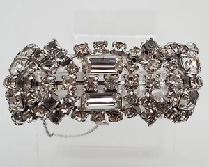 Kramer NY Bracelet 7in Silver Tone 1in Wide Fiery Clear Crystal VTG FLAW READ - Picture 1 of 24