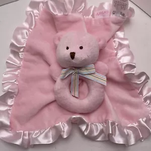 Carter's Plush Teddy Bear Rattle Lovey Security Blanket Pink Satin Trim 13" - Picture 1 of 8
