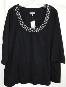 Top camicia ESSENTIALS nero BLING glitter gioiello impreziosito elasticizzato manica 3/4 2X - Foto 1 di 4
