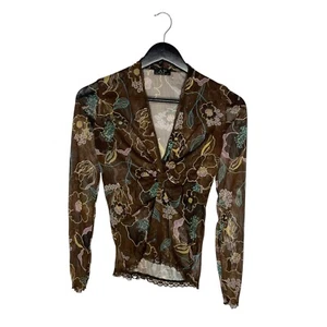 Blusa Top Manga Larga Vintage Y2K Malla Transparente Estampado Floral Encaje Ribete M Marrón - Imagen 1 de 7