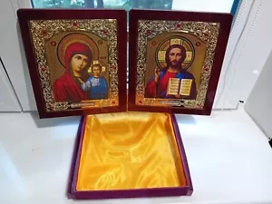 Icon Diptych Gilded Metal on Wood Virgin Mary and Jesus Teacher 21x36 cm. opened - Picture 1 of 5