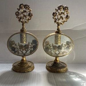 2 Delicate Gold Ormolu Filigree Perfume Bottle, Oval Beveled Glass & Roses Motif - Picture 1 of 7