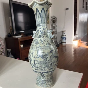 Antike chinesische blau-weiße handbemalte Porzellan Vase - Bild 1 von 16