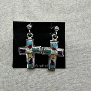 Native American Sterling Multi Color Cross Earrings Dangle Drop Post - Picture 1 of 6