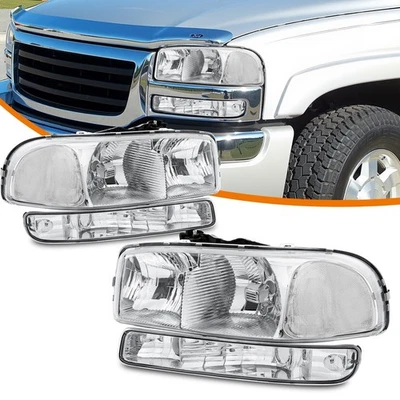 LH+RH Chrome Headlight + Bumper Lamps For 1999-2007 GMC Sierra Yukon 1500 2500 - Image 1 of 4