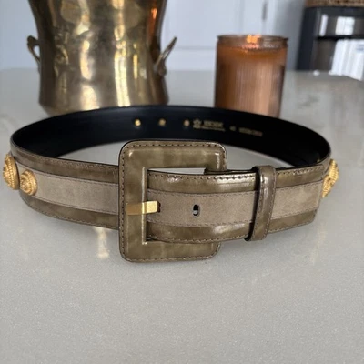 Vintage Escada Women’s Belt Leather Gold Shells Large Buckle 2 Tone Taupe Beige - Image 1 of 4