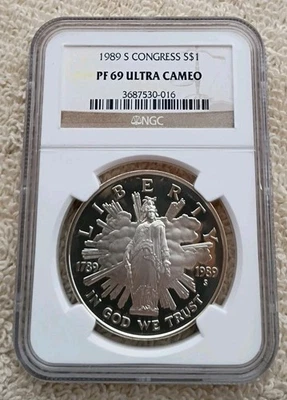 1989 S NGC PF 69 ULTRA CAMEO CONGRESS COMMEMORATIVE SILVER DOLLAR - Image 1 of 2