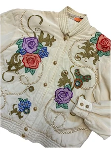 Vtg Exit Shops Jacket S Ivory Gold 100% Silk Floral Appliqué Rope Beaded *button - Picture 1 of 15