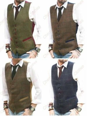 Mens Wool Blend Tweed Check Herringbone Waistcoat Vest Brown, Green, Navy Blue - Image 1 of 2