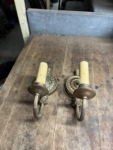 Vintage Eastlake Brass Wall Sconces Electric Light Lamp Fixtures Pair Set USA - Picture 1 of 9