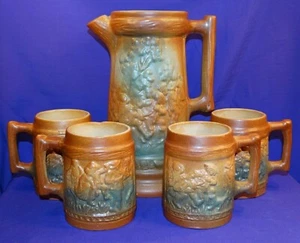 1920'S MCCOY BRUSH WARE POTTERY TANKARD PITCHER & MUGS SET KOLORCRAFT SIGNED - Picture 1 of 12
