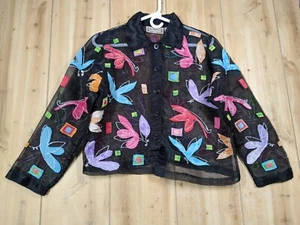 New Direction Mesh Jacket Shirt Womens Medium Black Sheer Floral Applique 3D - Picture 1 of 18