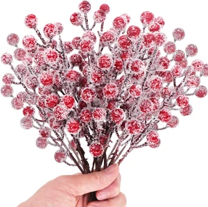 24 Pieces Artificial Holly Berry Stems 9" Christmas Berry Picks Sprays Snowy Fak - Picture 1 of 7
