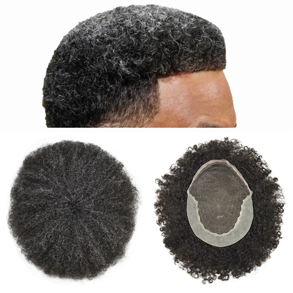 Afro Toupee para Hombres Negros Toupee Encaje Francés Peluquería Rizado Rizado Gris Unidad de Cabello Foto 1 de 4