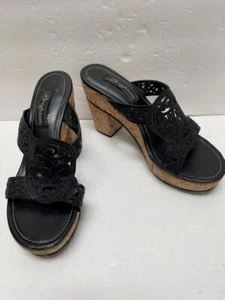 BRIGHTON sandali neri plateau scarpe AMIE 6 1/2 M pelle sughero scivolo - Foto 1 di 6