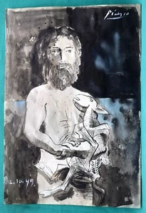 PABLO PICASSO - DRAWING, INKS ON OLD PAPER, SIGNED, ARTWORK, VTG, VAN GOGH ERA - Picture 1 of 6