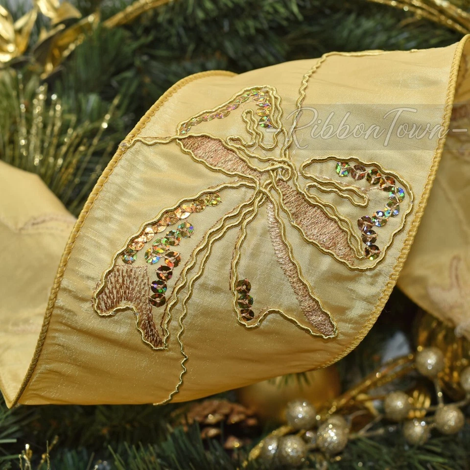 4" Wide - Rare! 15 Feet Luxury Gold Sequins Bow Christmas Wired Ribbon - Image 1 of 1