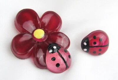 Vintage Red Lucite Plastic Flower Daisy Ladybug Two-Piece Button Set - Image 1 of 4
