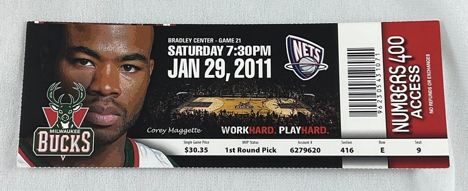 Boleto de baloncesto NBA 2011 29/01 New Jersey Nets at Milwaukee-Brook Lopez 26pts Foto 1 de 1