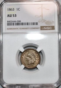 NGC AU-53 1863 Indian Head Cent, Lustrous, Golden-Brown specimen. - Picture 1 of 8